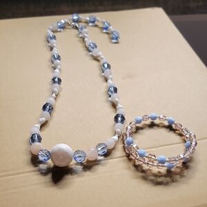 Blue and White Beaded Necklace with Matching Bracelet Set; Vintage & Rose Quartz